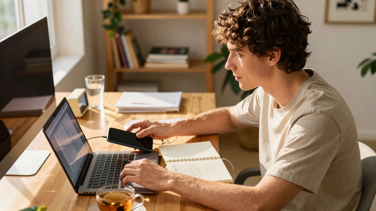 Jovem trabalhando em laptop com caderno e celular em mesa de madeira, em ambiente iluminado e organizado.