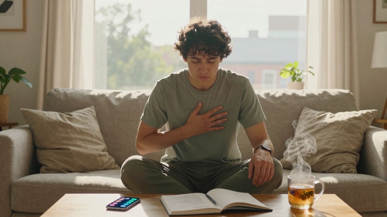 Jovem sentado no chão da sala com a mão no peito, livro aberto e chá quente na mesa à sua frente.