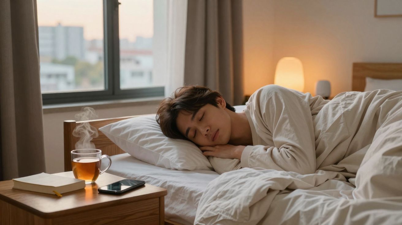 Jovem dormindo na cama com xícara de chá quente, livro e celular sobre o criado-mudo ao lado.