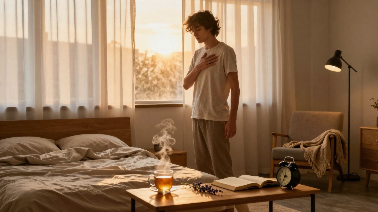 Jovem de camiseta branca em pé no quarto ao amanhecer, com xícara de chá fumegante na mesa à frente.