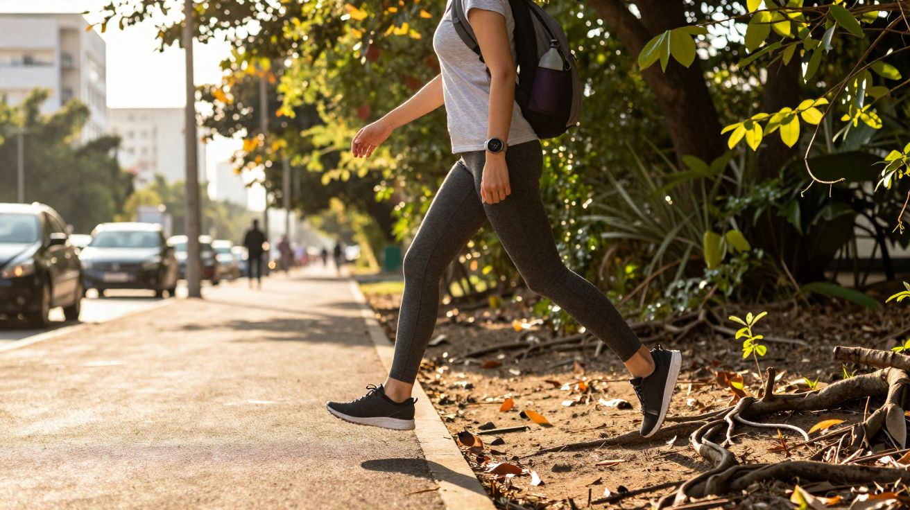 Pessoa caminhando e pisando na calçada ao lado de área com árvores e raízes expostas em ambiente urbano.