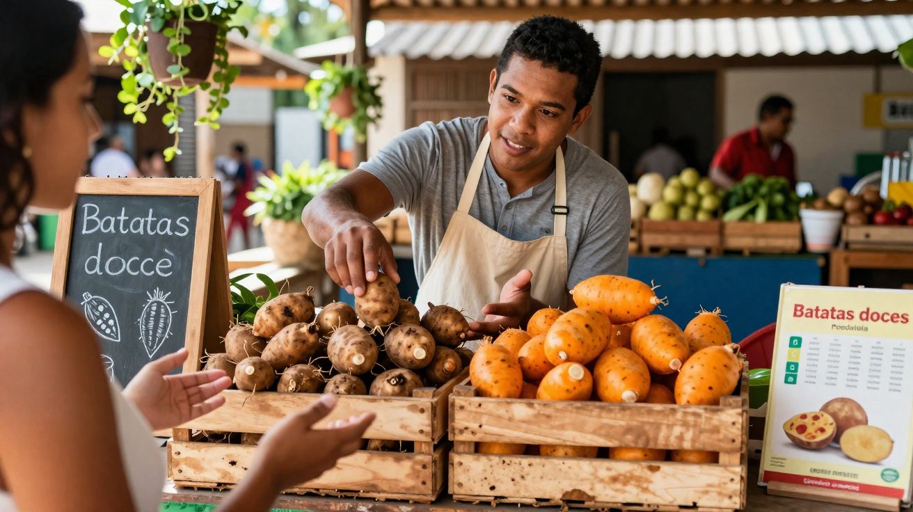 Homem vende batatas-doces em feira, mostrando opção para cliente, com placas explicativas ao lado.
