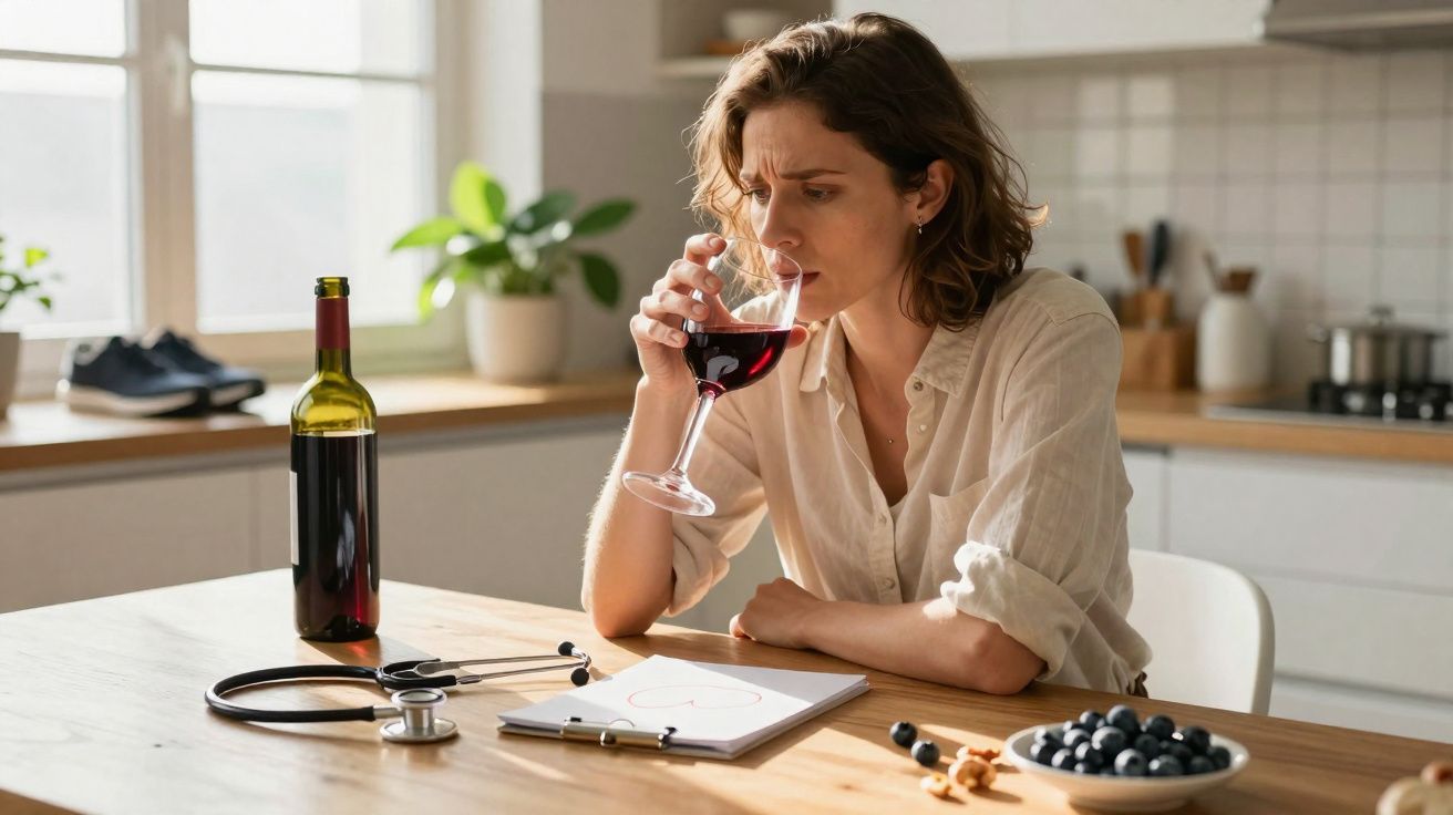 Mulher sentada pensando, segurando taça de vinho tinto, com estetoscópio, notebook e frutas sobre a mesa.