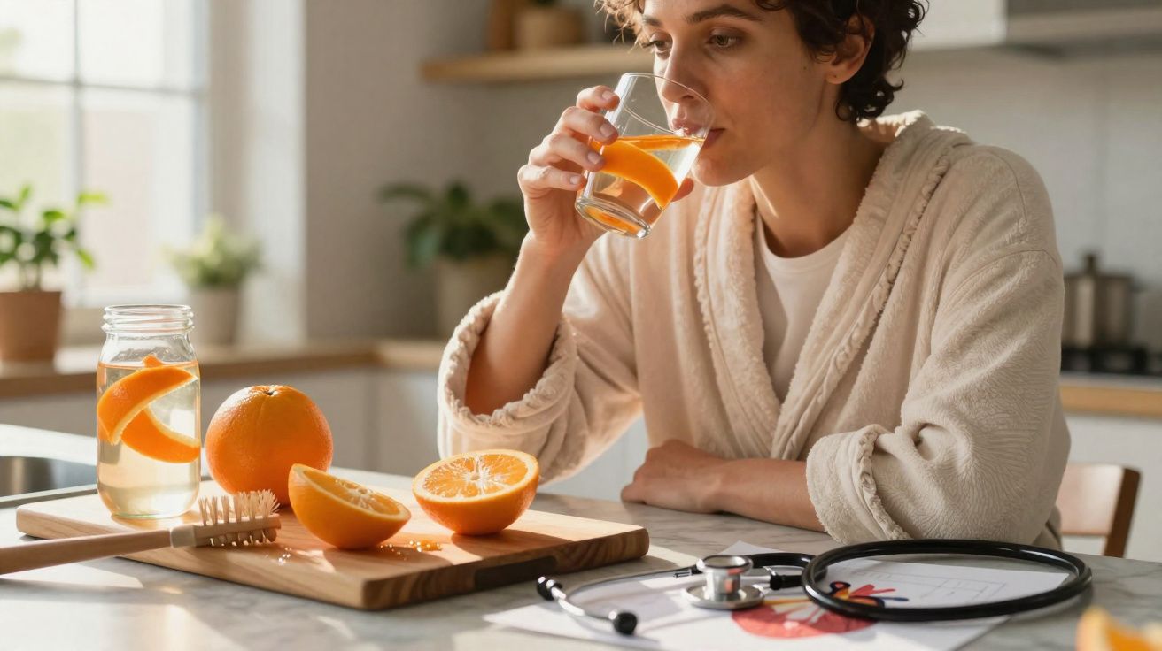 Pessoa em roupão bege bebendo suco de laranja na cozinha, com laranjas e estetoscópio na mesa.