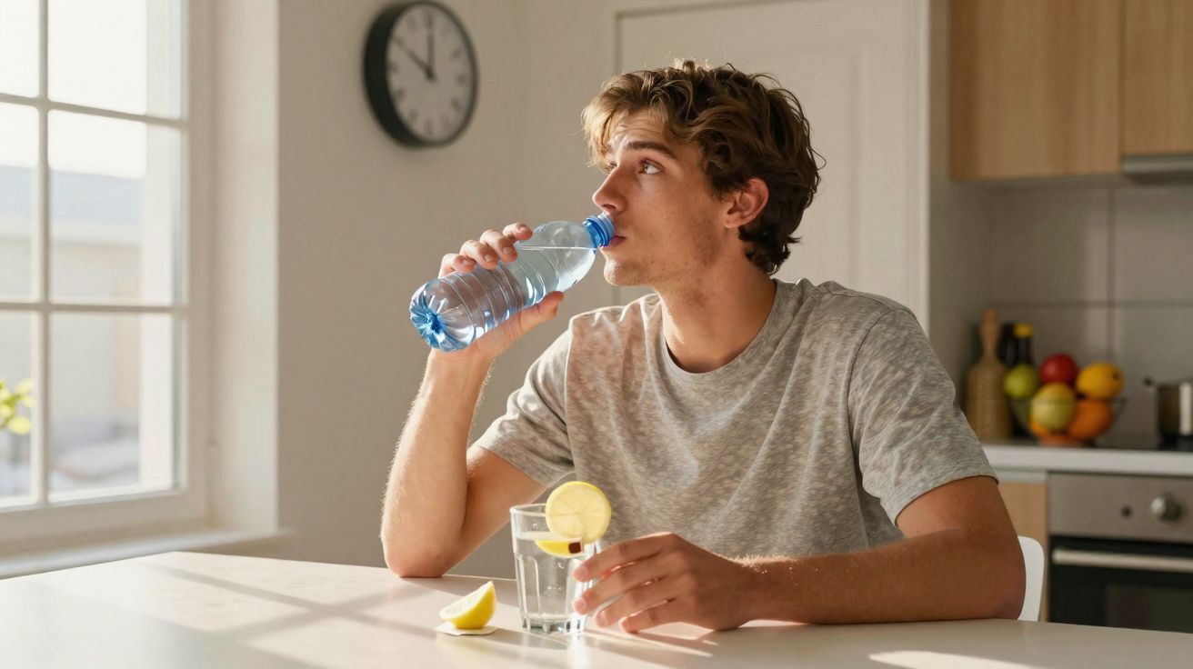 Homem jovem bebendo água de garrafa plástica enquanto está sentado em mesa de cozinha.