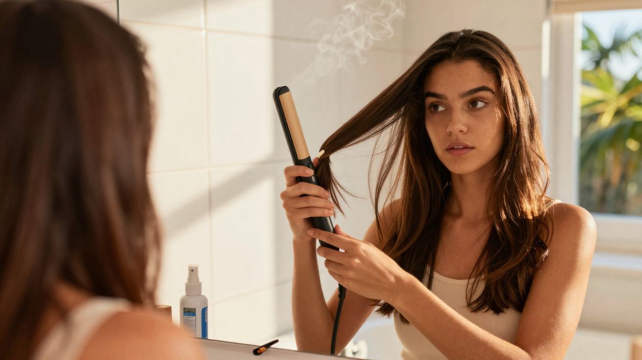 Mulher usando chapinha para alisar o cabelo em frente ao espelho em banheiro iluminado.
