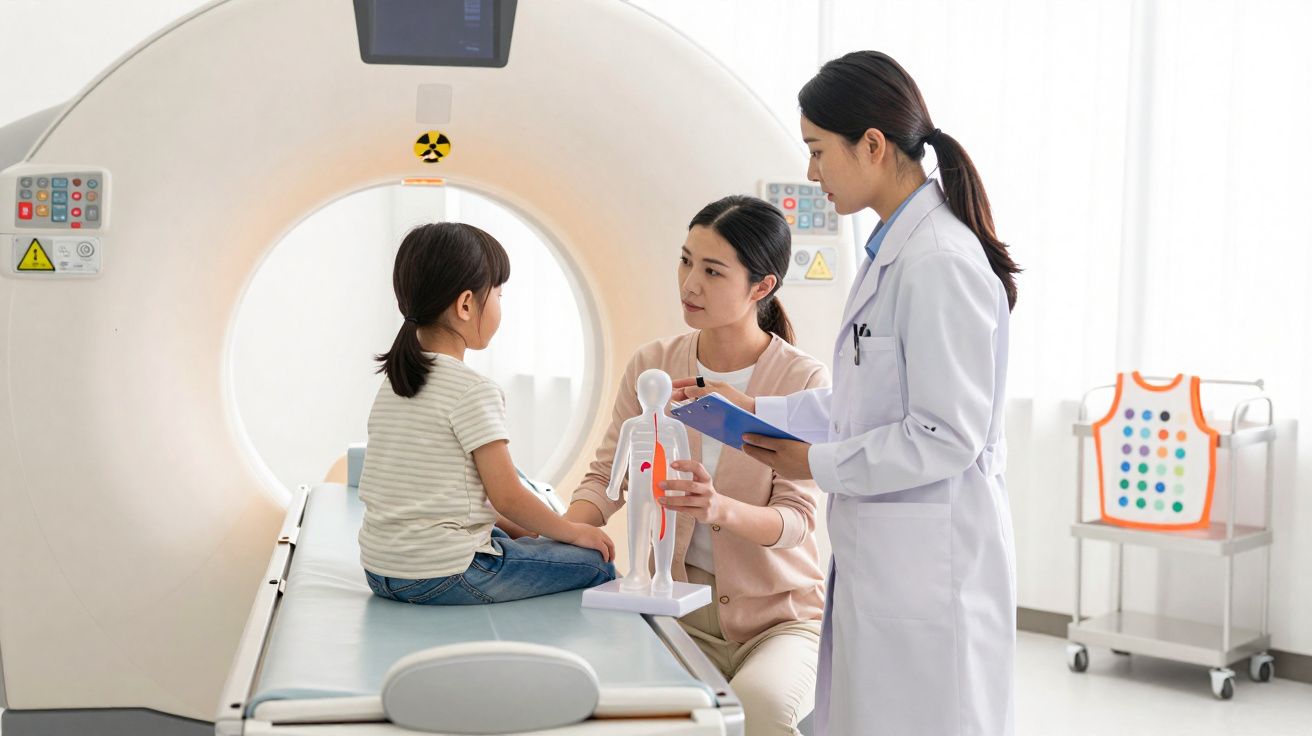 Médica explicando exame de tomografia para criança sentada com mãe ao lado na sala de exames.