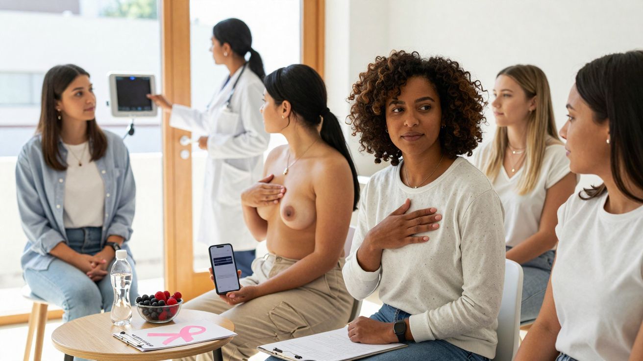 Grupo de mulheres em aula sobre saúde da mama, com médica explicando e participante fazendo autoexame.