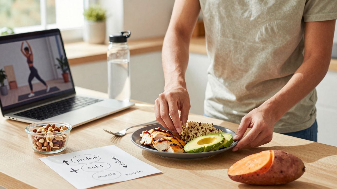 Pessoa preparando prato saudável com frango, quinoa e abacate, com laptop mostrando vídeo de exercícios ao fundo.