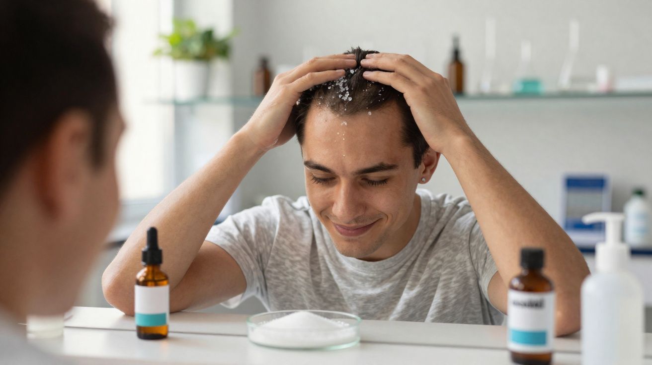Homem aplicando produto para tratamento capilar em frente ao espelho branco em ambiente clínico.