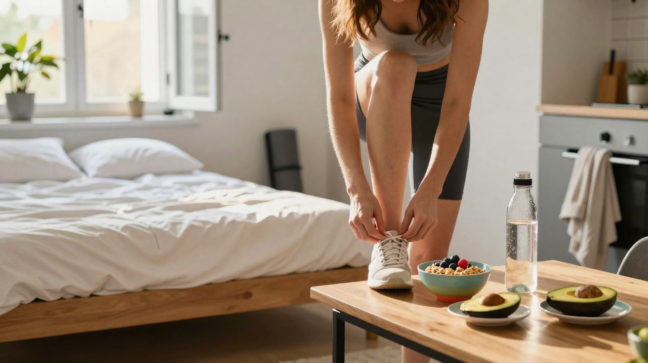 Mulher amarrando tênis em quarto, mesa com frutas, cereal e garrafa de água ao lado.