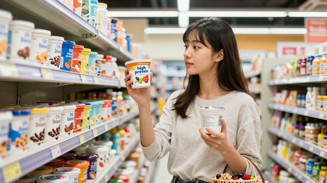 Mulher jovem em supermercado segurando iogurte de alta proteína enquanto escolhe produtos na prateleira.
