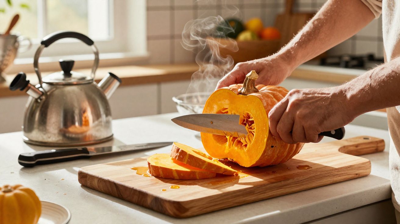 Pessoa cortando abóbora cozida ao vapor em tábua de madeira na cozinha iluminada pela manhã.