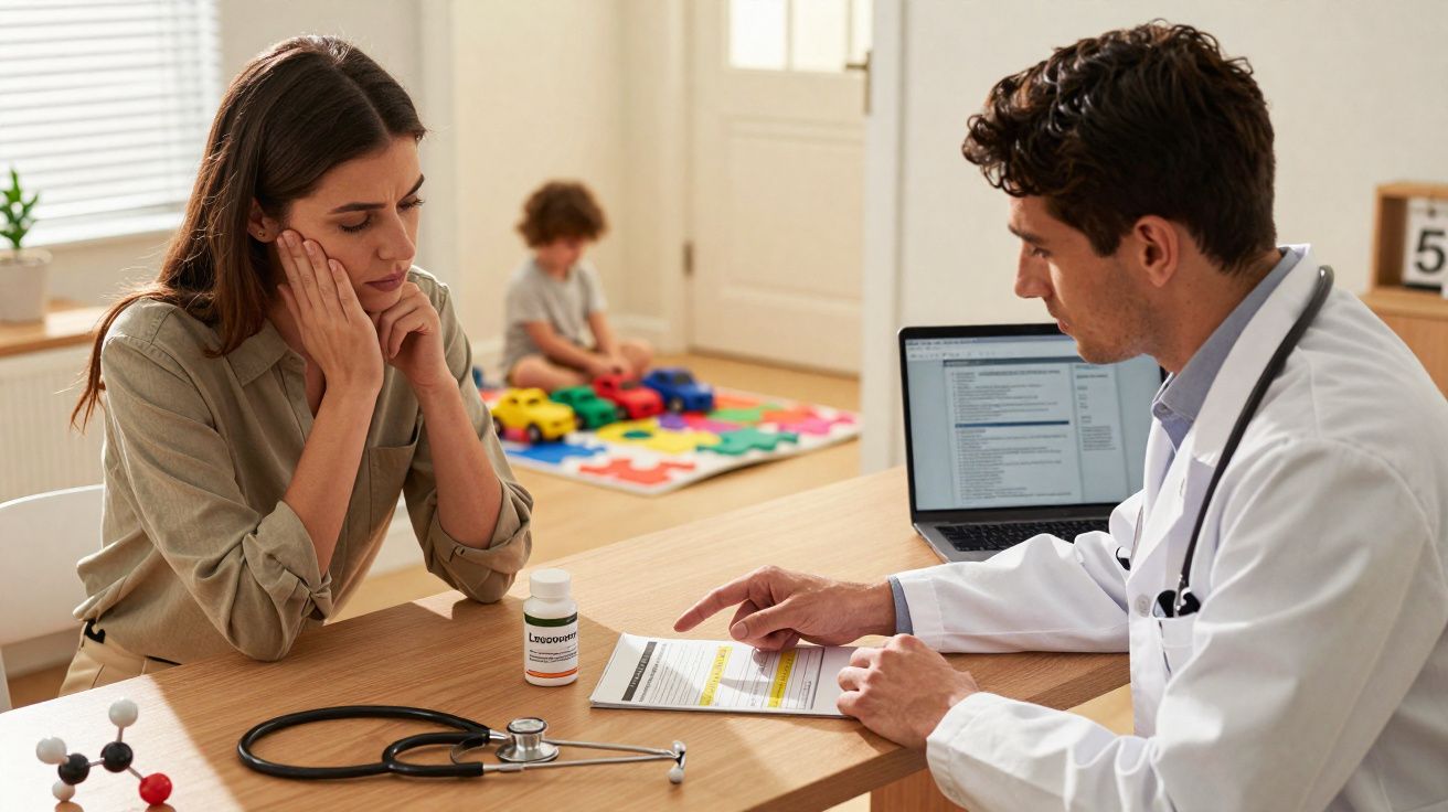 Médico explicando prescrição para mulher preocupada sentada à mesa com filho brincando ao fundo.