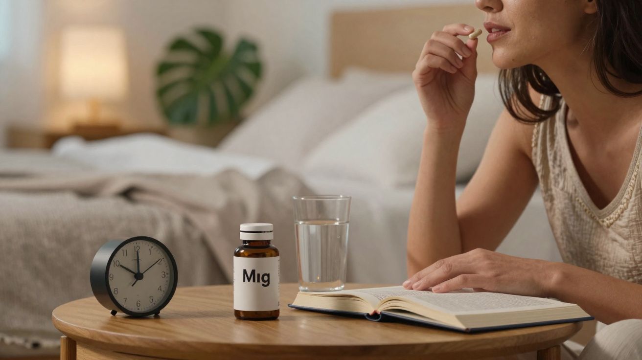 Mulher tomando remédio para enxaqueca com copo de água e livro em mesa ao lado da cama.