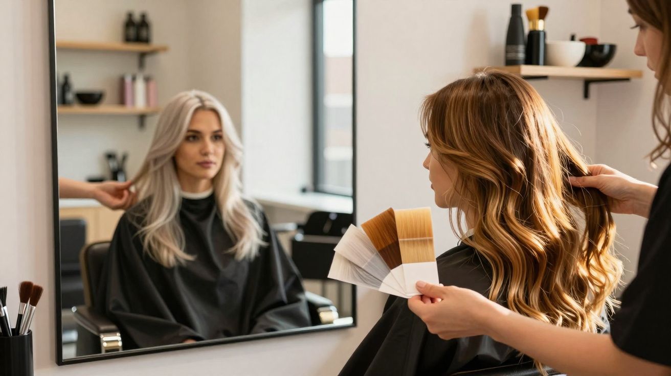 Cliente loira refletida no espelho enquanto cabeleireira mostra amostras de cores de cabelo loiro dourado.