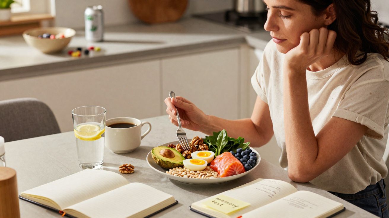 Mulher sentada à mesa com prato colorido de alimentos saudáveis e cadernos abertos para estudo.