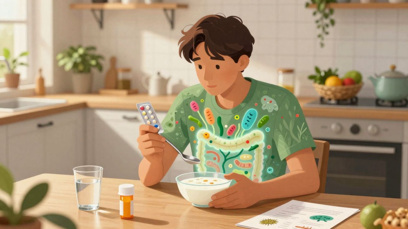 Homem sentado à mesa na cozinha tomando remédio com comida, com ilustração de bactérias no intestino.