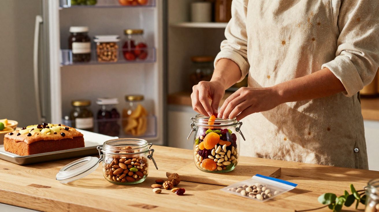 Pessoa colocando frutas secas e nozes em pote de vidro na cozinha com bolo e geladeira ao fundo.