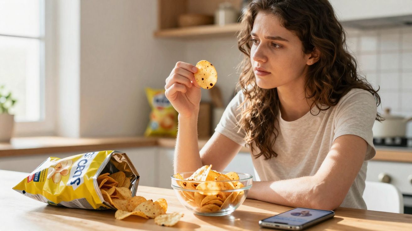 Mulher olhando para um salgadinho de batata enquanto está sentada à mesa na cozinha.