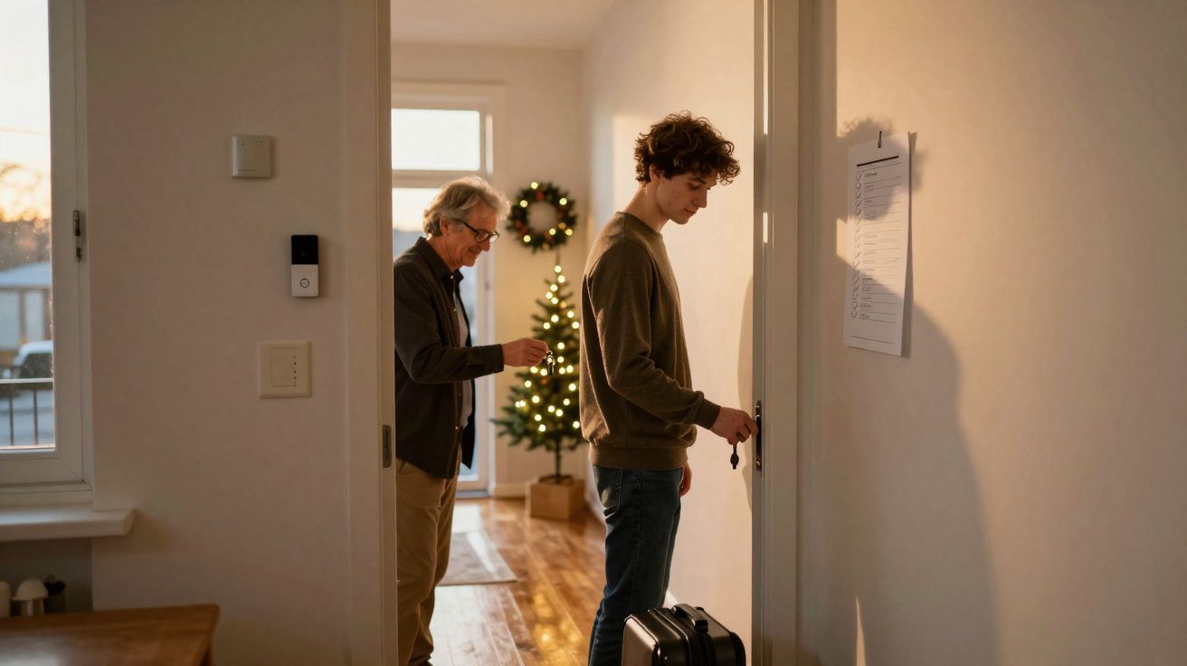 Jovem abre porta com mala e homem mais velho o acompanha em ambiente com árvore de Natal ao fundo.