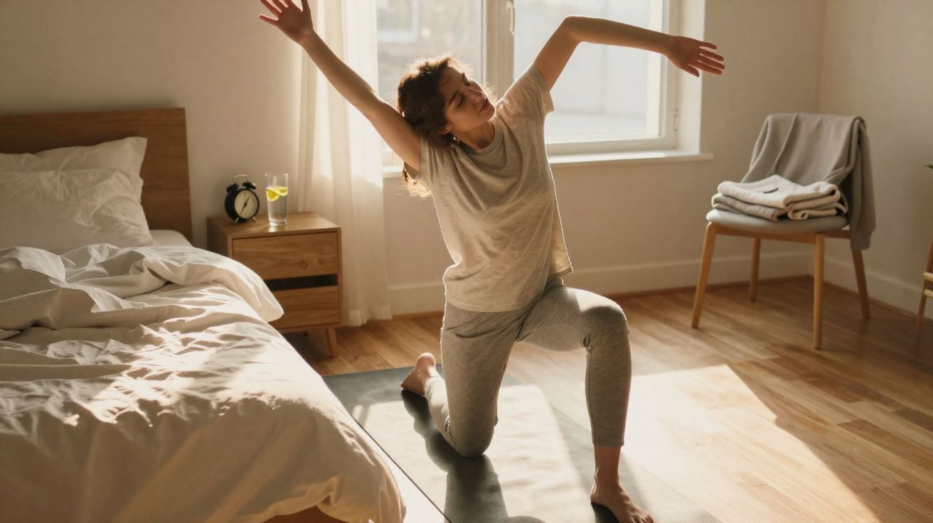 Mulher fazendo alongamento matinal em tapete ao lado da cama em quarto iluminado pelo sol.