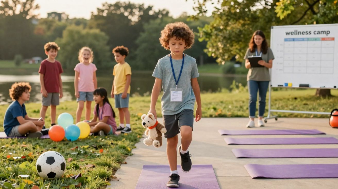 Criança caminhando com ursinho em colchonete, grupo de crianças e instrutora ao fundo em acampamento ao ar livre.