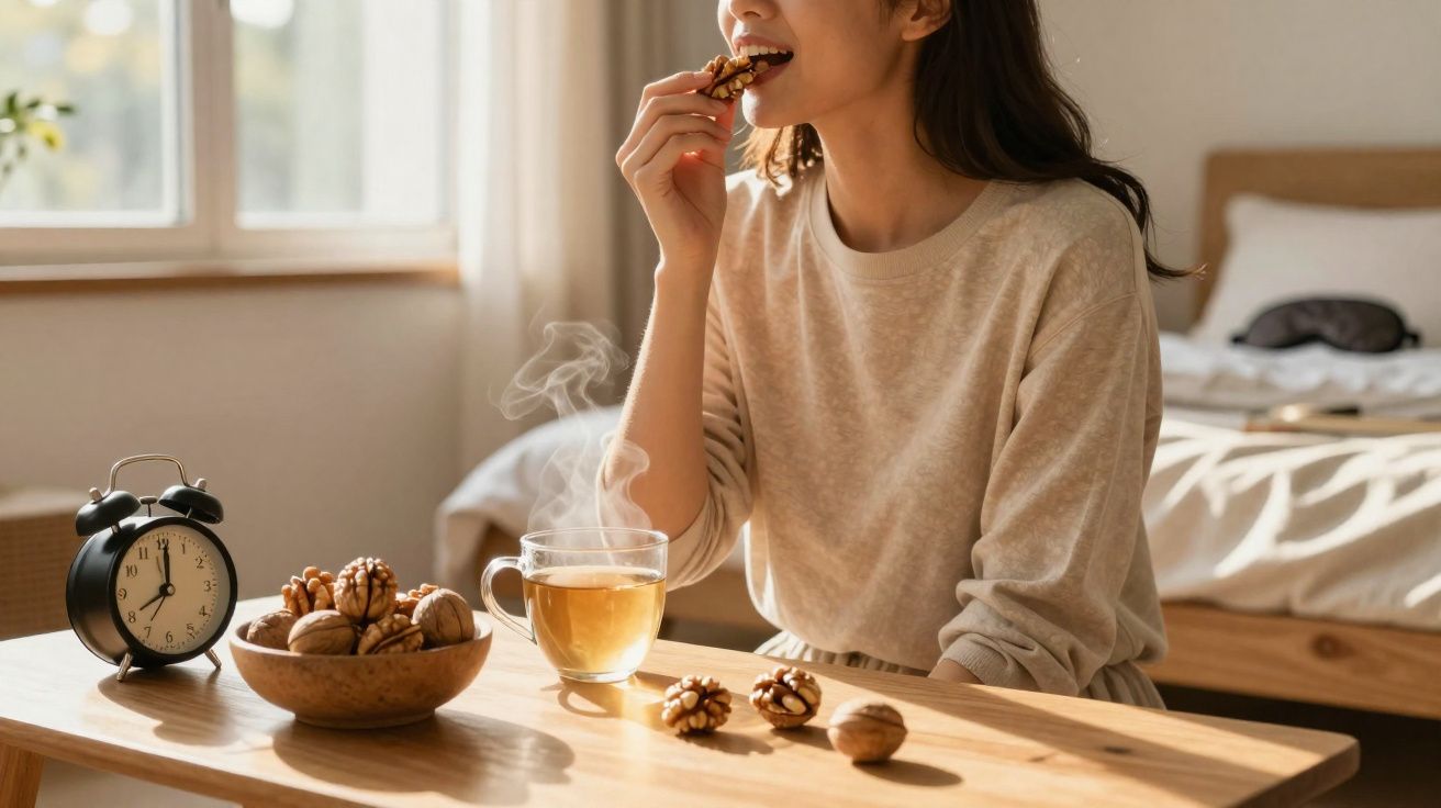 Mulher com blusa clara comendo nozes e chá quente em mesa de madeira em quarto iluminado.