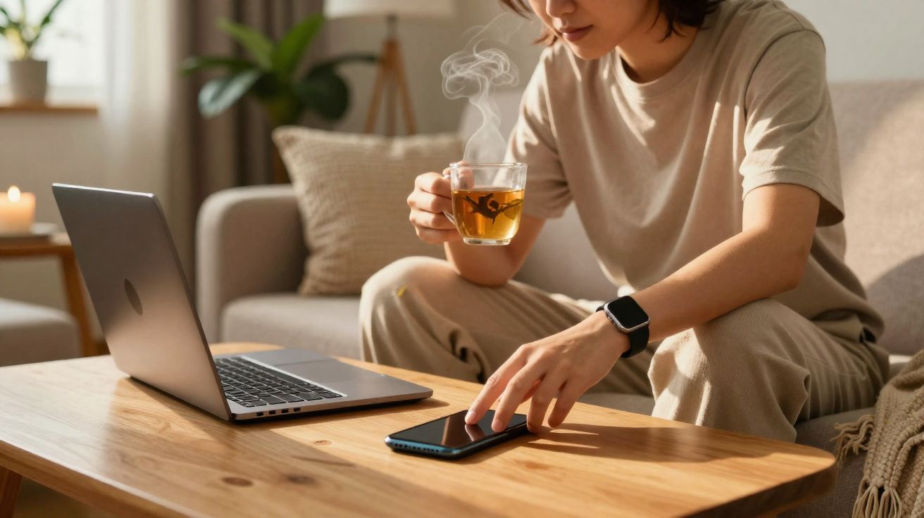 Pessoa sentada no sofá usando laptop, segurando xícara de chá quente e tocando celular sobre mesa de madeira.