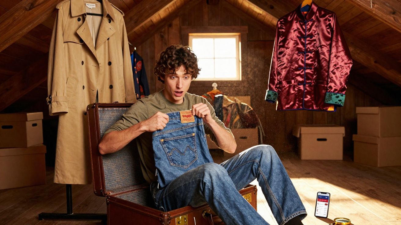 Jovem sentado em baú no sótão segurando calça jeans, cercado por roupas e caixas organizadoras.