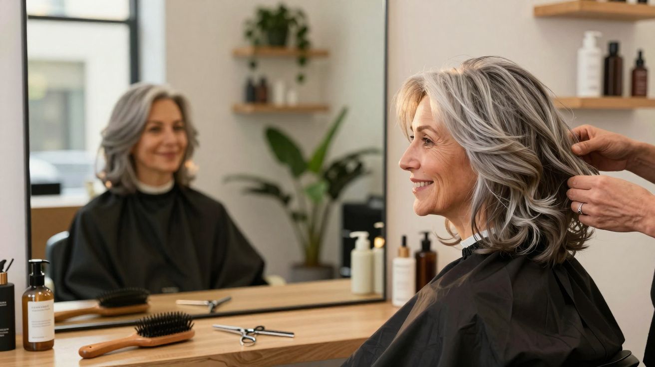 Mulher de cabelos grisalhos sorri enquanto cabeleireiro arruma seu cabelo em salão moderno.