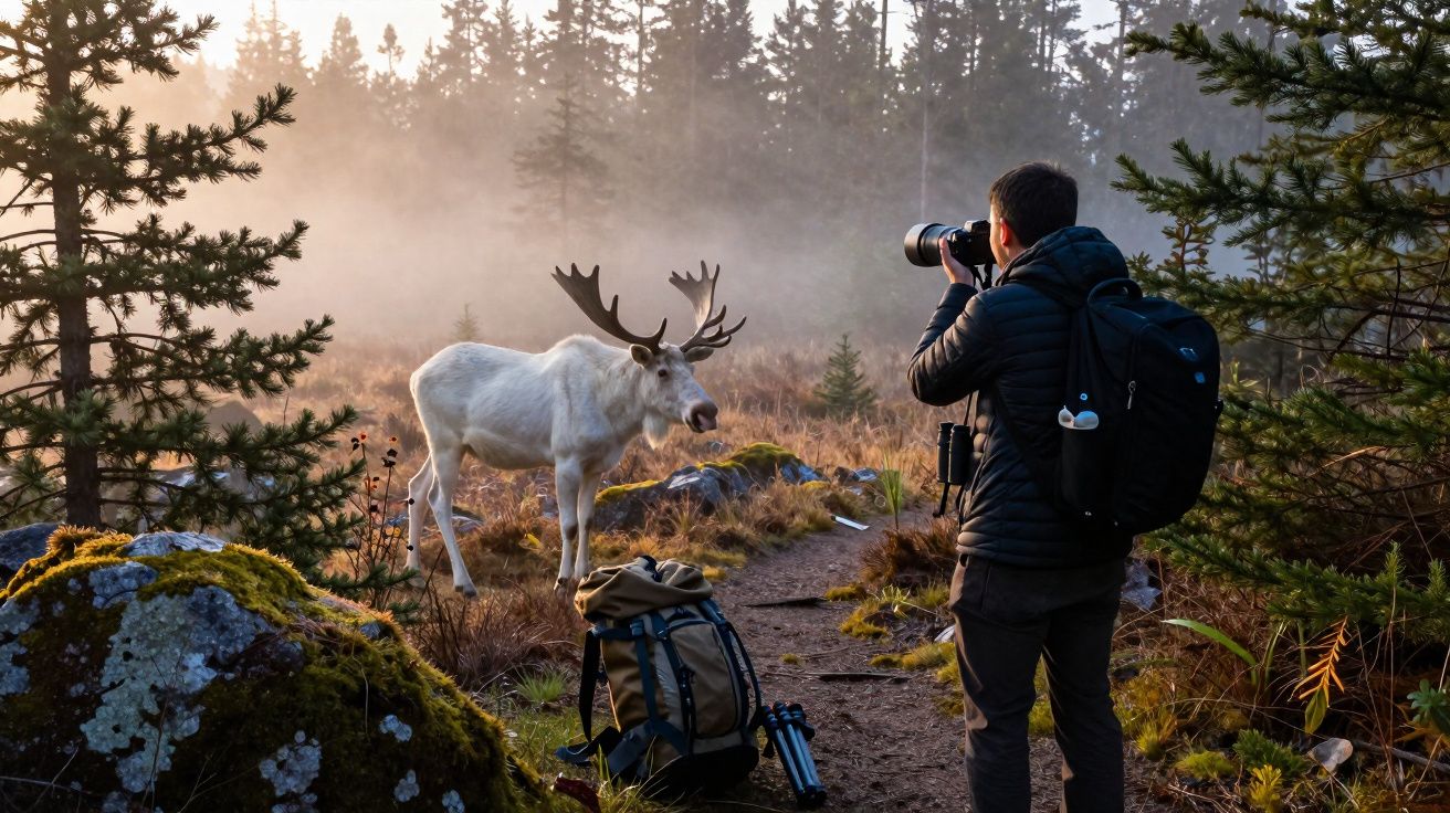 Fotógrafo registra alce branco em trilha de floresta em dia com neblina.