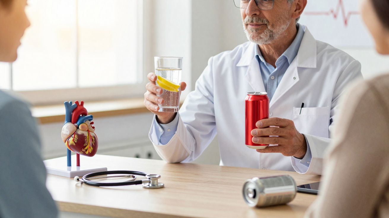 Médico mostrando copo com água e lata de refrigerante para casal em consulta sobre saúde cardíaca.