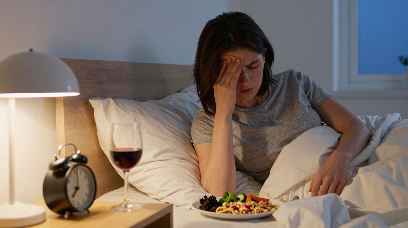 Mulher sentada na cama à noite com mão na cabeça, ao lado prato de comida e taça de vinho.
