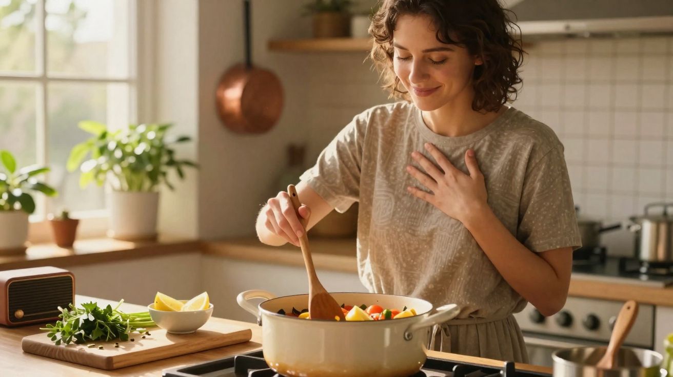 Mulher sorrindo cozinha e mexe panela com legumes em cozinha iluminada e decorada com plantas.