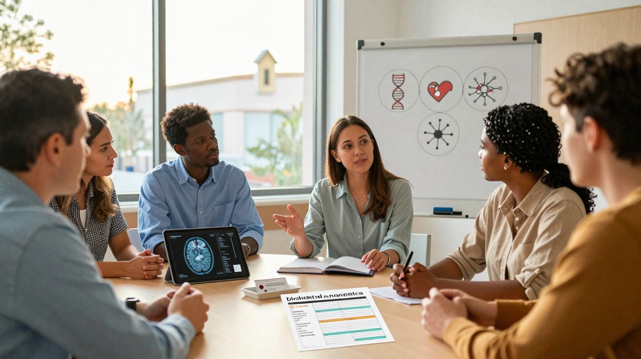 Grupo diverso discutindo cérebro e saúde em reunião com imagens médicas e quadro branco ao fundo.