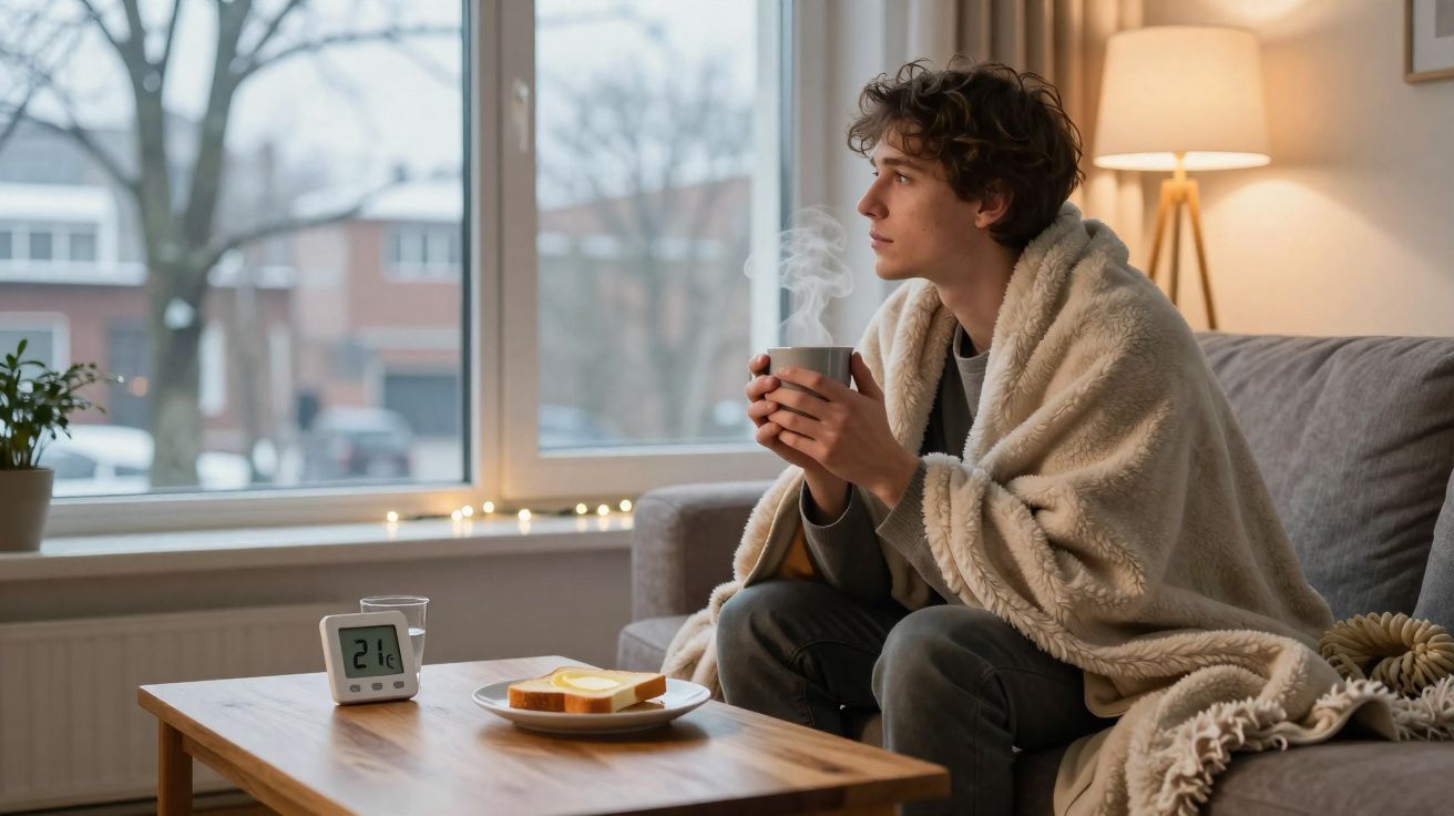 Jovem com cobertor aquece as mãos em caneca quente sentado no sofá perto da janela em dia frio.