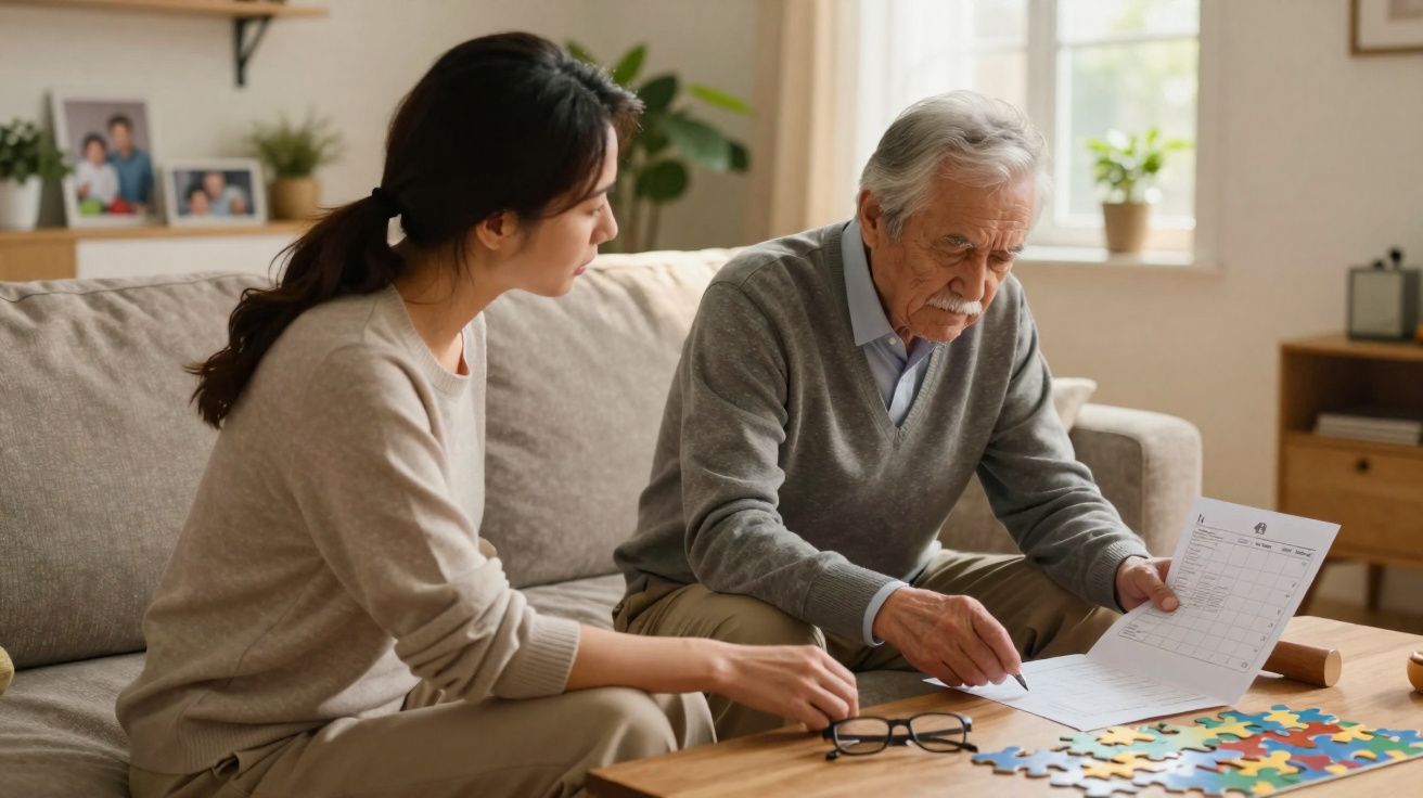 Mulher jovem sentada com homem idoso discutindo documentos em sala de estar iluminada.