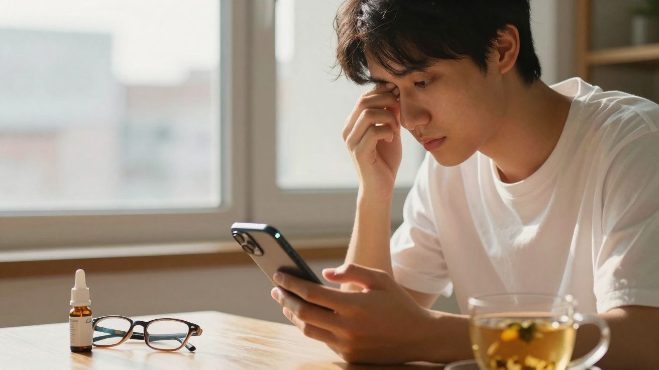 Jovem preocupado olhando para celular sentado à mesa com óculos, remédio e xícara de chá.