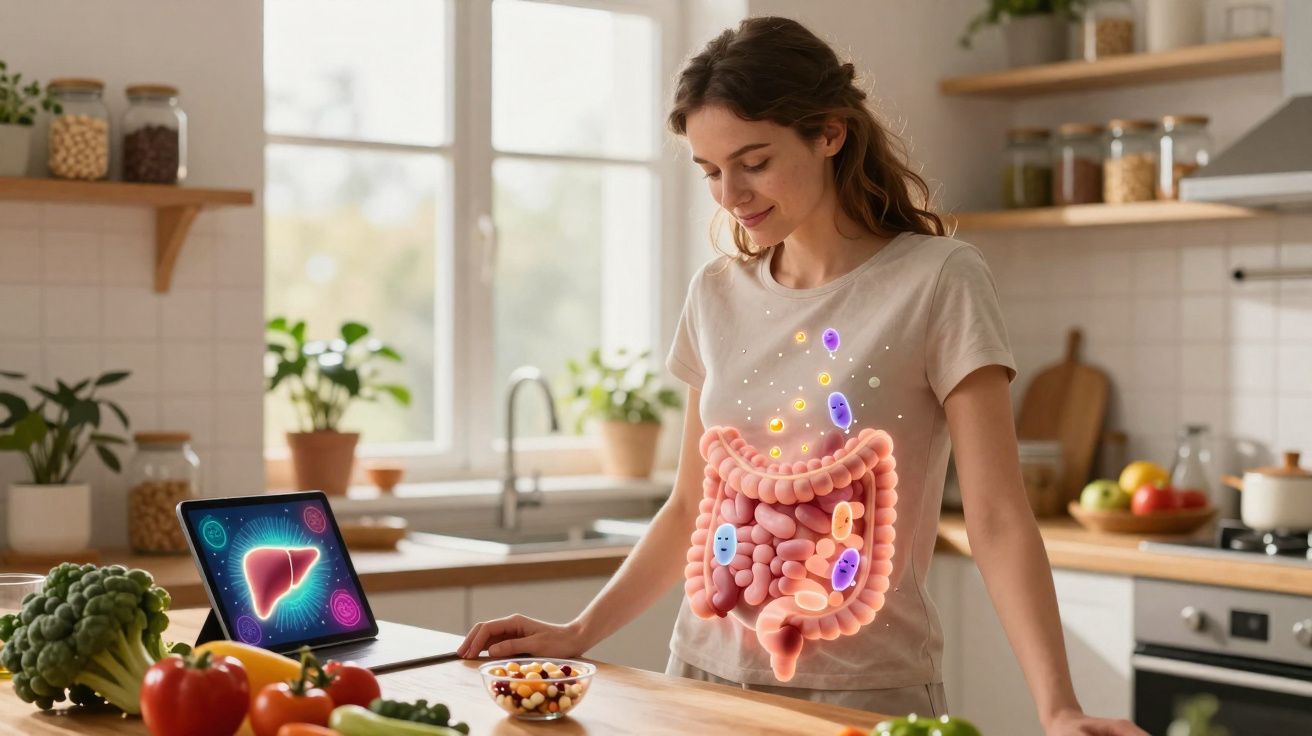 Mulher em cozinha olhando para tablet com imagem de fígado e ilustração do sistema digestivo sobre seu corpo.