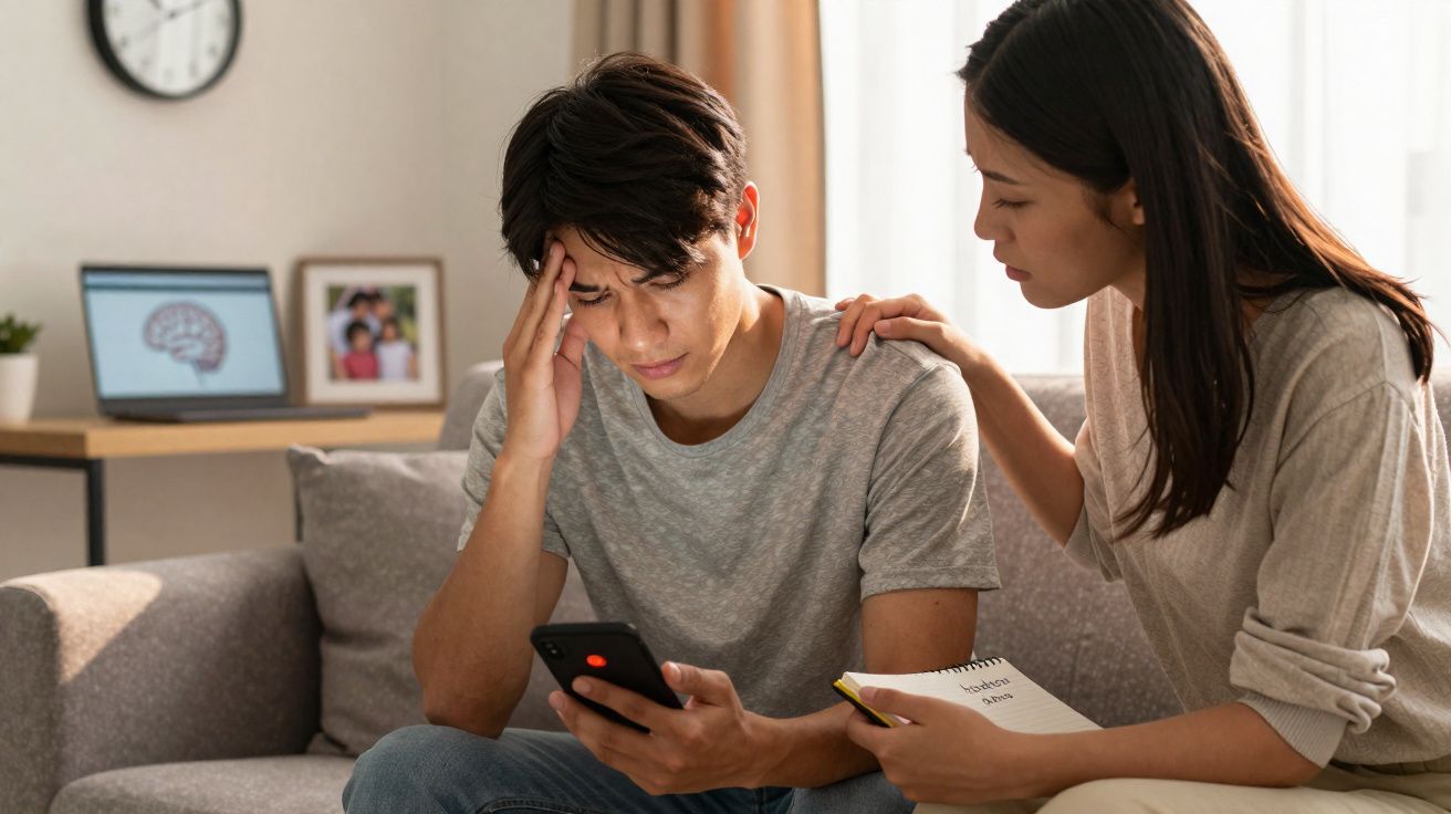 Jovem preocupado olhando celular enquanto mulher o conforta tocando seu ombro.