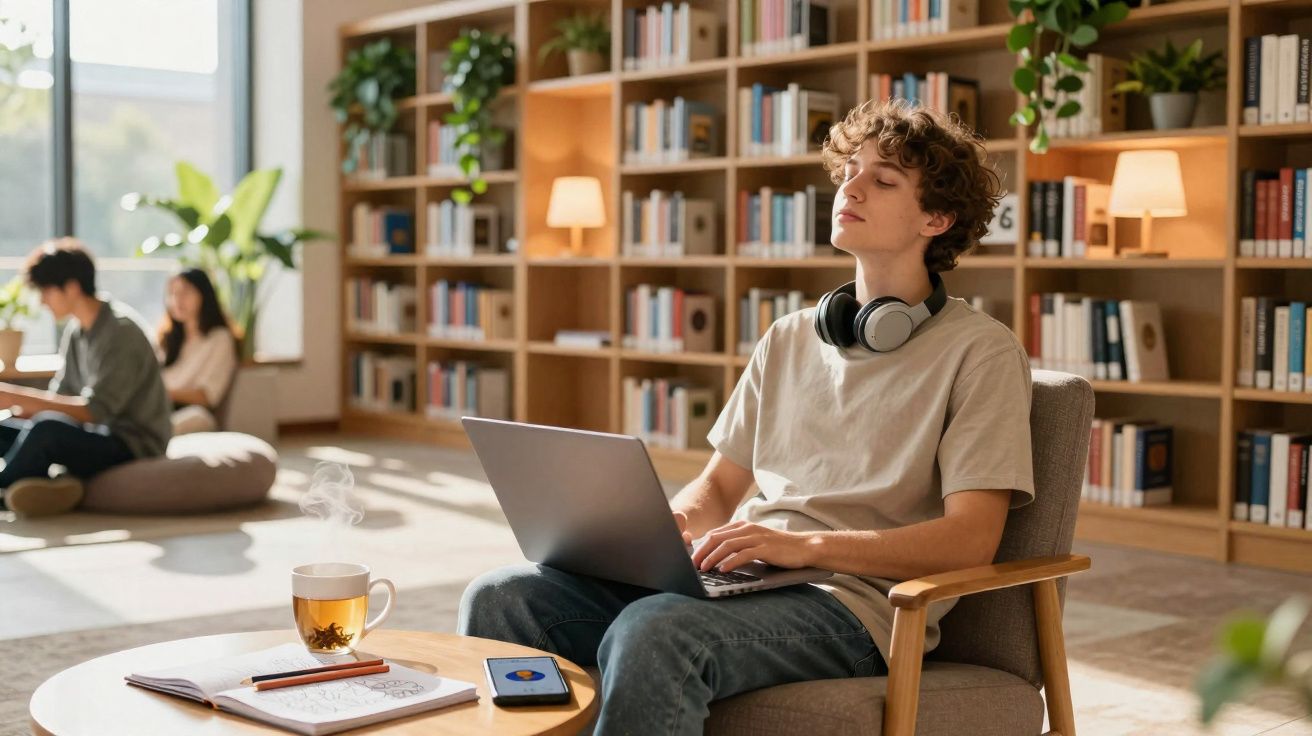 Jovem sentado em cadeira com laptop, fones no pescoço, desfrutando bebida quente em biblioteca iluminada.