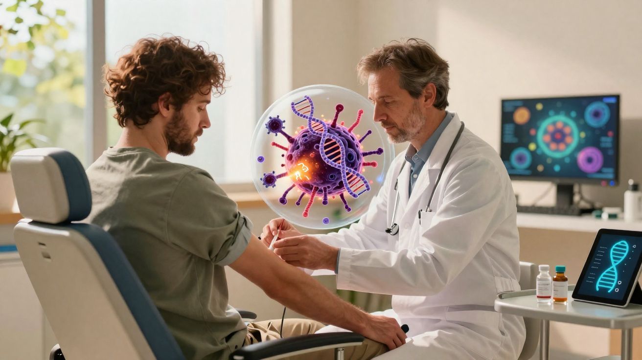 Médico aplicando vacina em paciente com ilustração digital de vírus e DNA em consultório clínico.