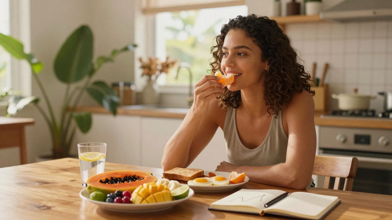 Mulher sorrindo comendo fruta na cozinha, com prato de frutas e caderno sobre mesa de madeira.