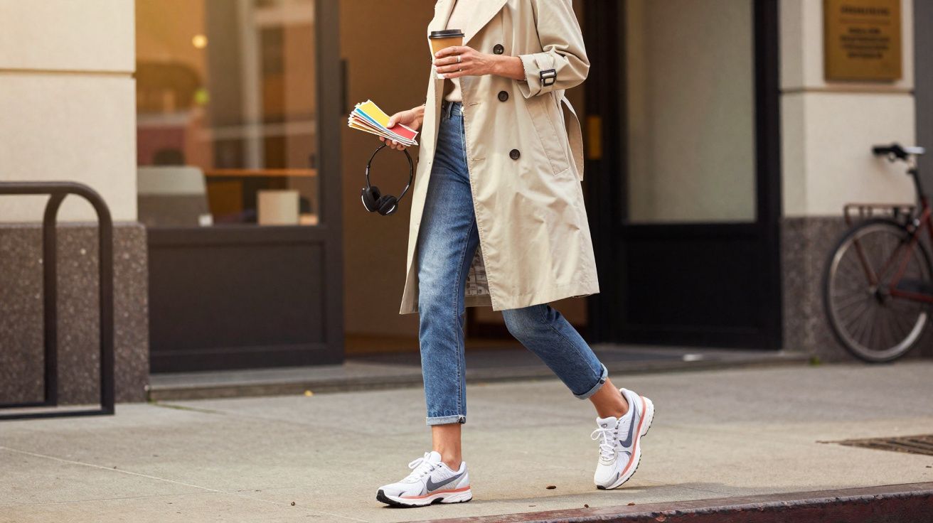 Pessoa caminhando na rua com tênis, jeans, trench coat bege, segurando café e fones de ouvido.