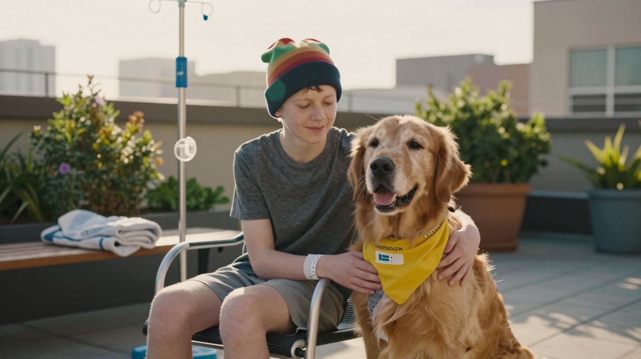 Adolescente com gorro colorido sentado ao ar livre com cachorro guia usando bandana amarela.