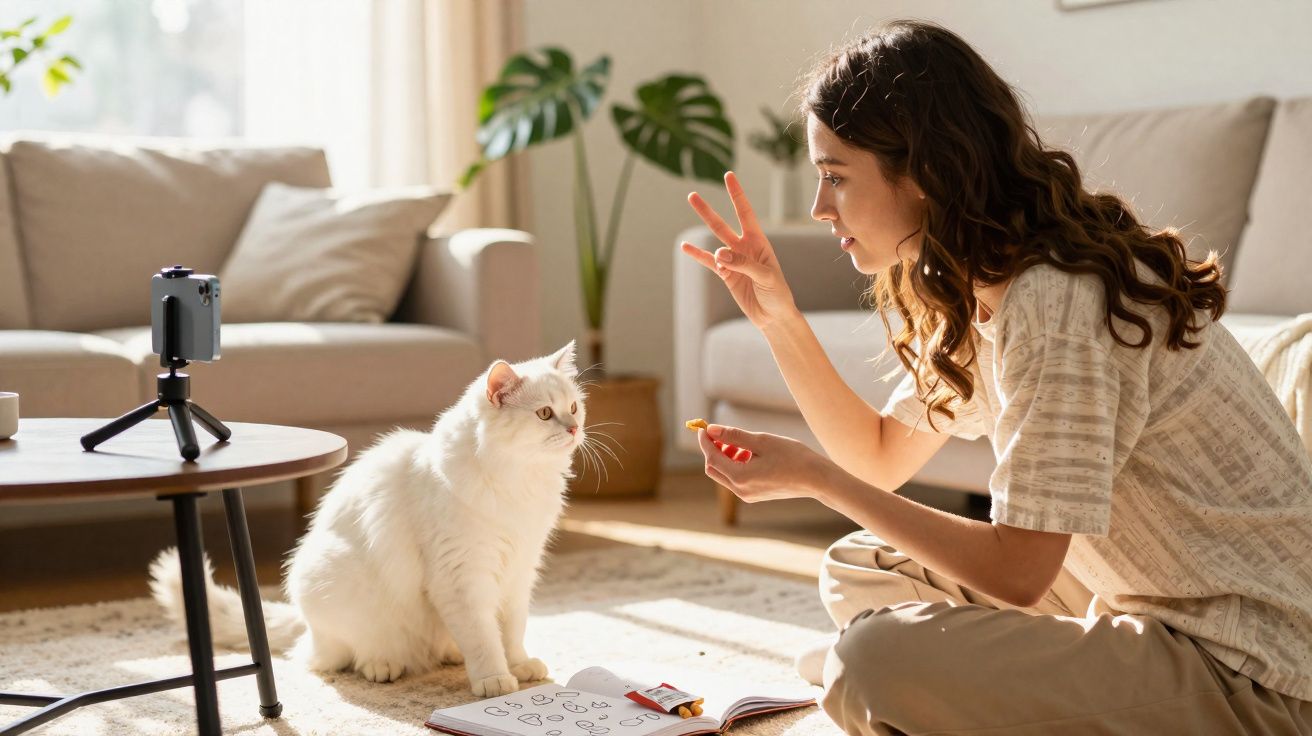 Mulher treinando gato branco com petisco enquanto grava vídeo em sala iluminada.