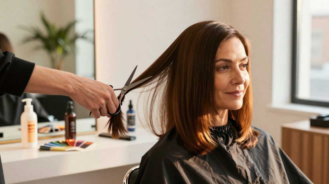 Mulher sorridente tendo o cabelo cortado por cabeleireiro em salão iluminado.