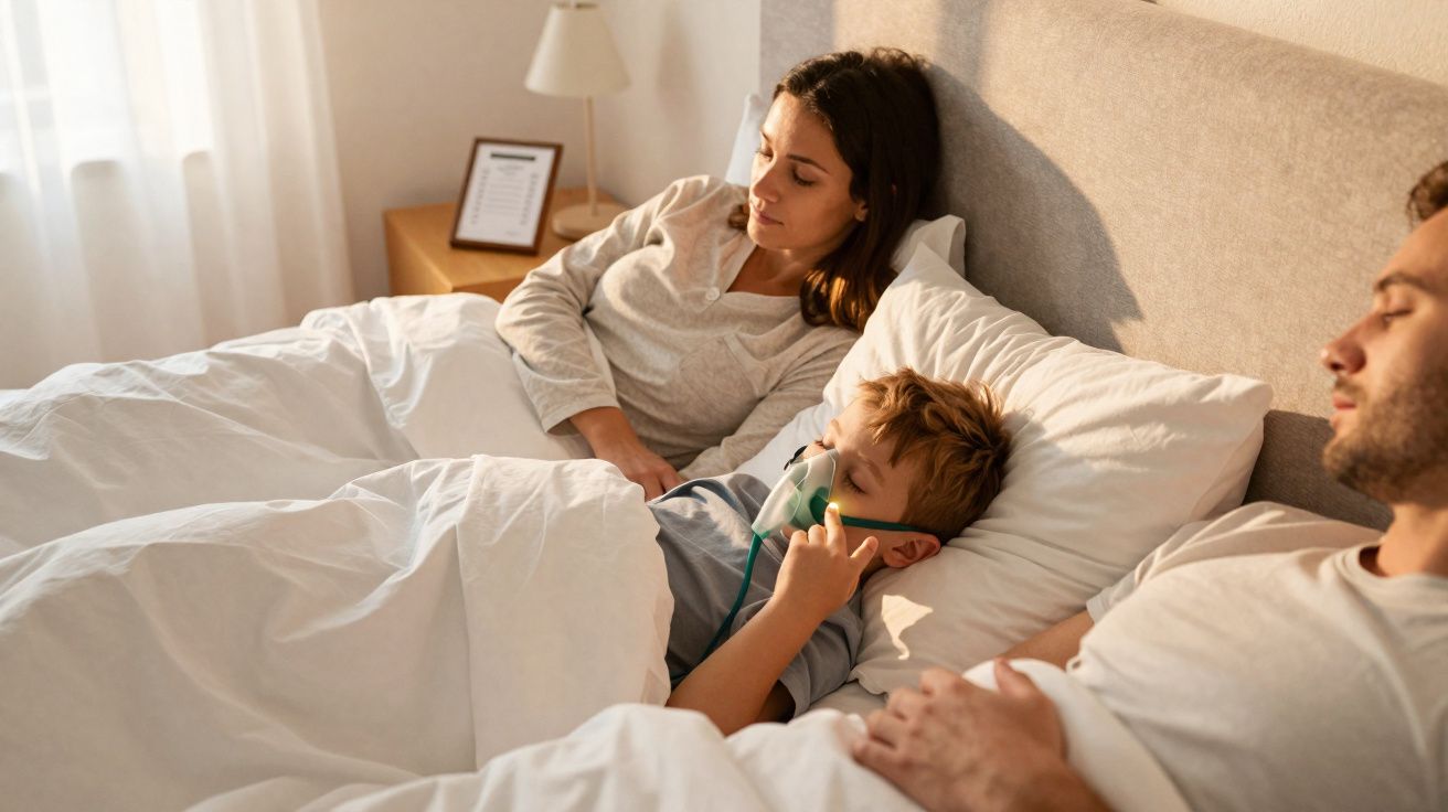 Criança usando máscara de oxigênio na cama ao lado dos pais preocupados em quarto iluminado.
