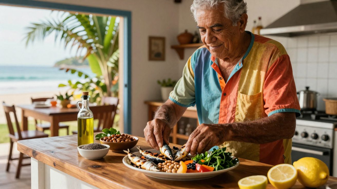 Homem idoso preparando prato com peixe e salada em cozinha com vista para praia ao fundo.
